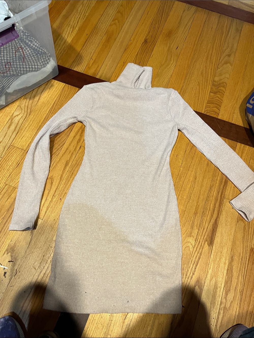 Ribbed Turtleneck Bodycon Dress in Light Beige